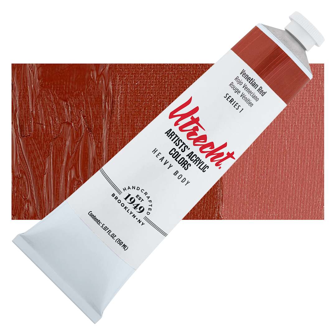 Open in modal - Utrecht Artists' Acrylic Paint - Venetian Red, 5 oz tube and swatch
