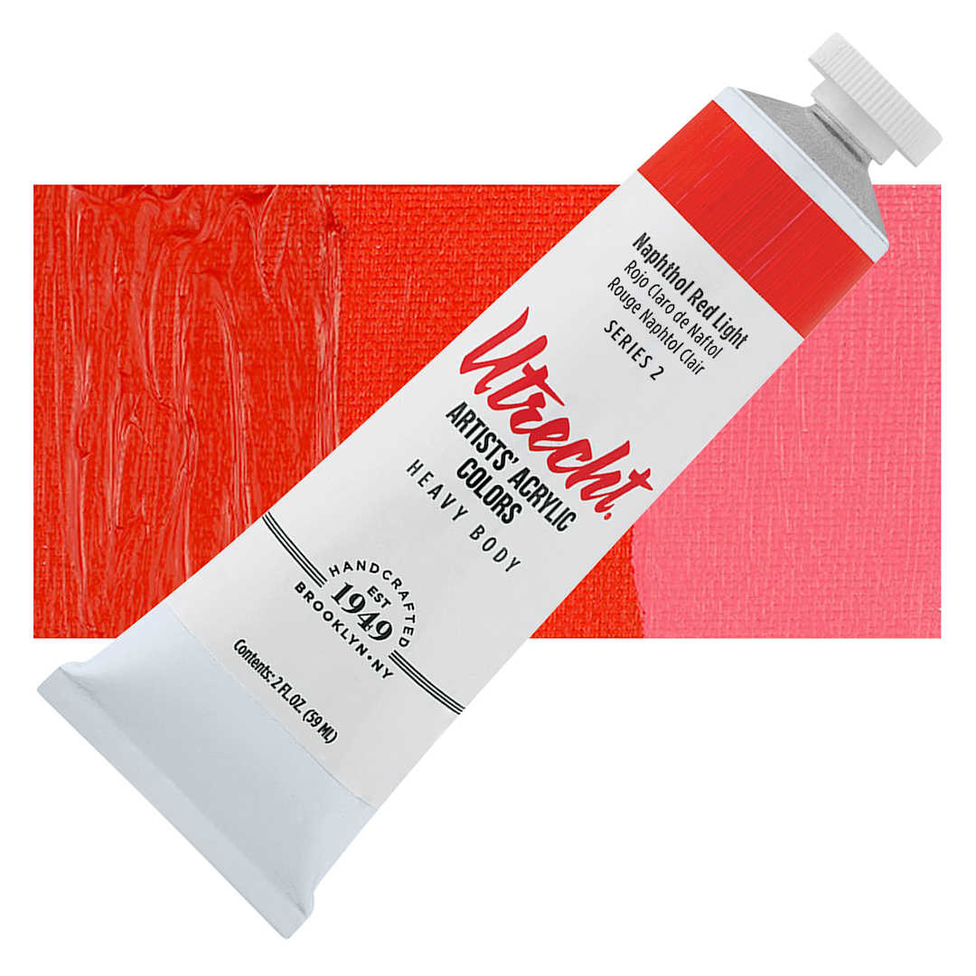 Open in modal - Utrecht Artists' Acrylic Paint - Naphthol Red Light, 2 oz tube and swatch