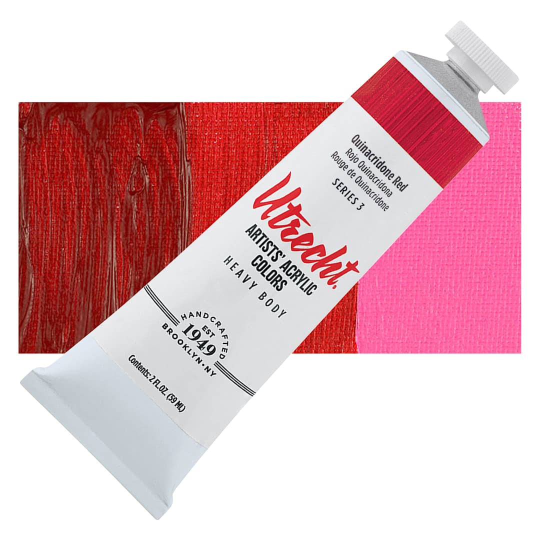 Open in modal - Utrecht Artists' Acrylic Paint - Quinacridone Red, 2 oz tube and swatch