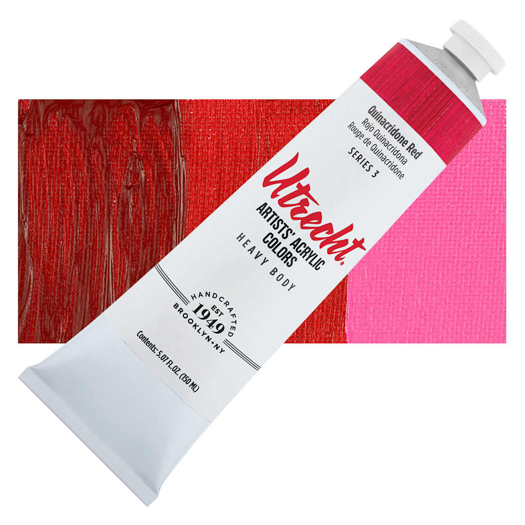 Open in modal - Utrecht Artists' Acrylic Paint - Quinacridone Red, 5 oz tube and swatch