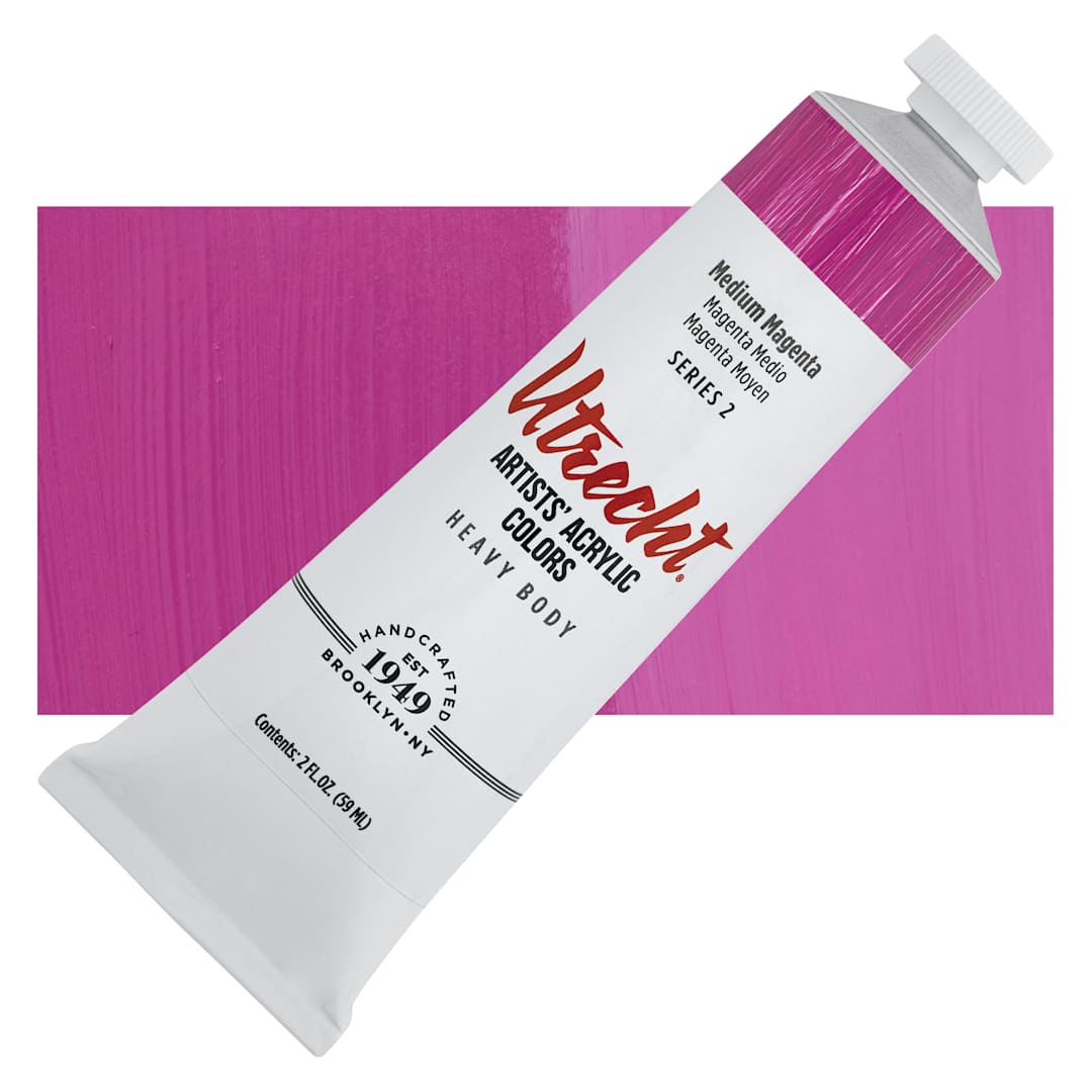 Open in modal - Utrecht Artists' Acrylic Paint - Medium Magenta, 2 oz tube and swatch