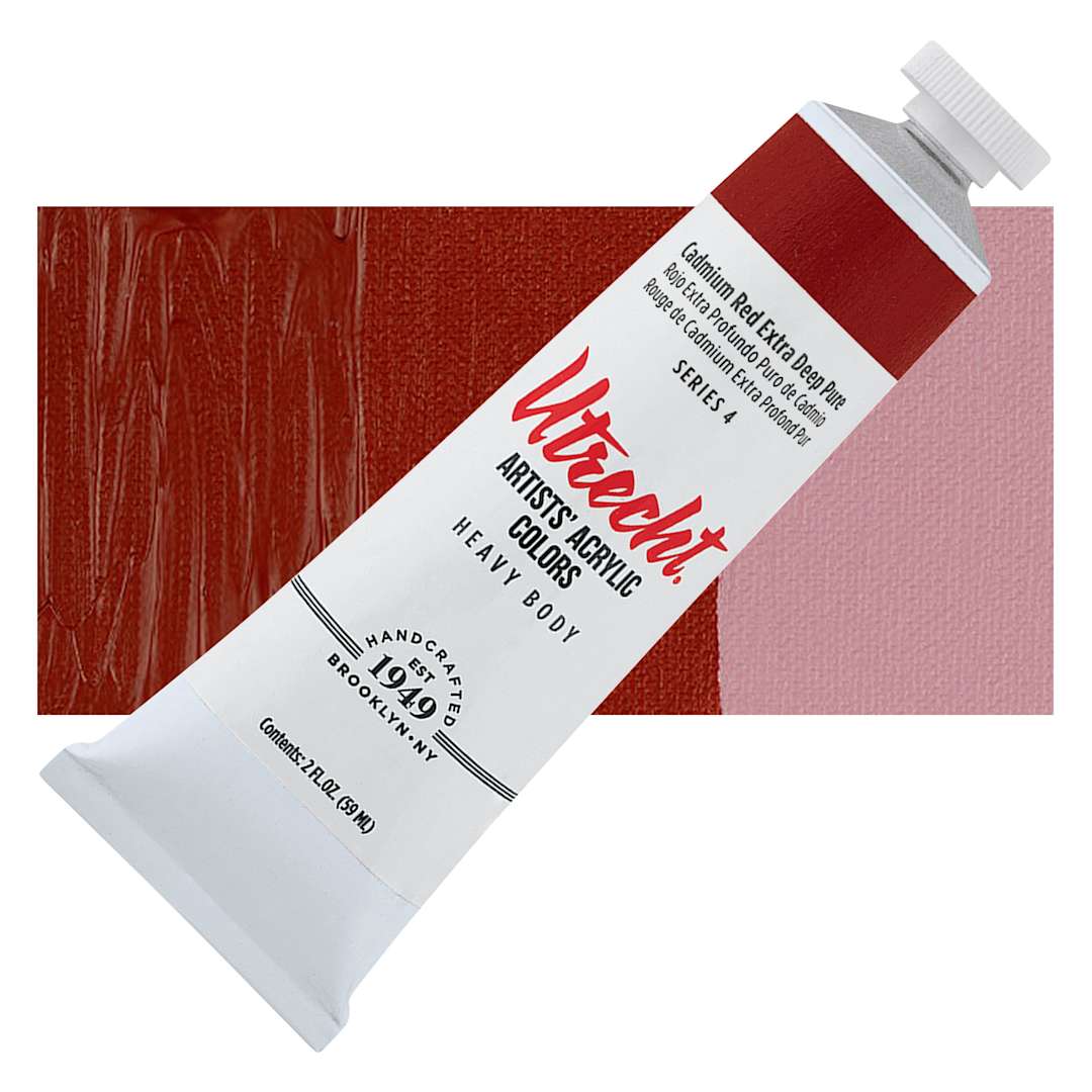 Open in modal - Utrecht Artists' Acrylic Paint - Cadmium Red Extra Deep, 2 oz tube and swatch