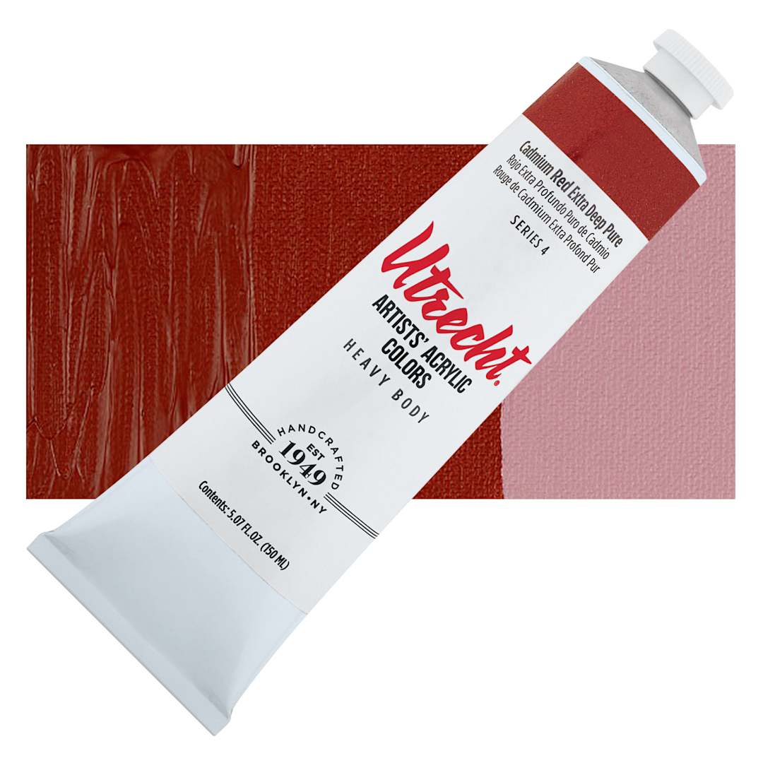 Open in modal - Utrecht Artists' Acrylic Paint - Cadmium Red Extra Deep, 5 oz tube and swatch