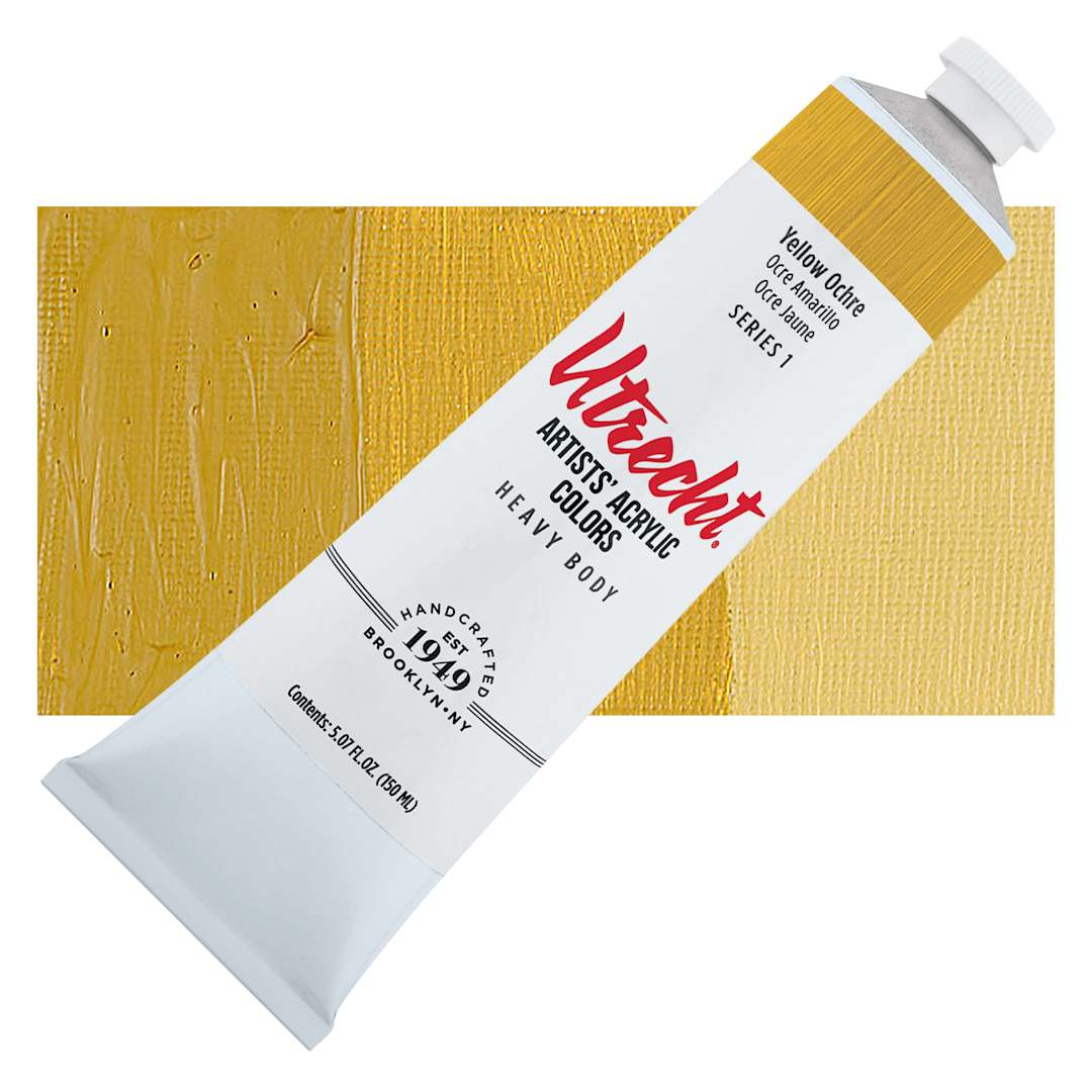 Open in modal - Utrecht Artists' Acrylic Paint - Yellow Ochre, 5 oz tube and swatch