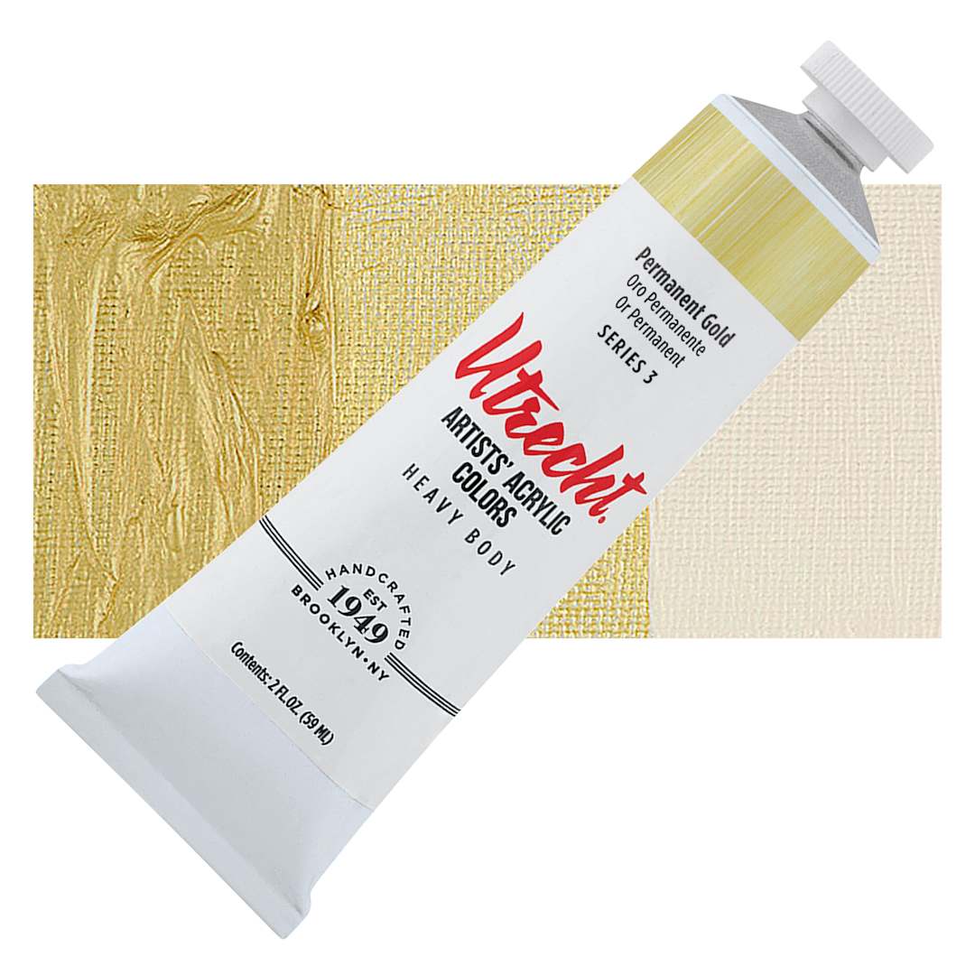 Open in modal - Utrecht Artists' Acrylic Paint - Permanent Gold, 2 oz tube and swatch