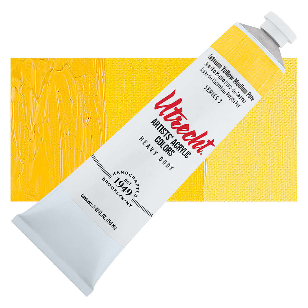 Open in modal - Utrecht Artists' Acrylic Paint - Cadmium Yellow Medium Pure, 5 oz tube and swatch