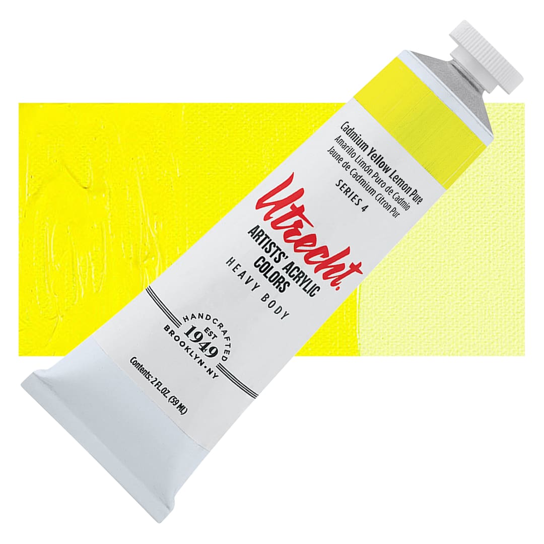 Open in modal - Utrecht Artists' Acrylic Paint - Cadmium Yellow Lemon Pure, 2 oz tube and swatch