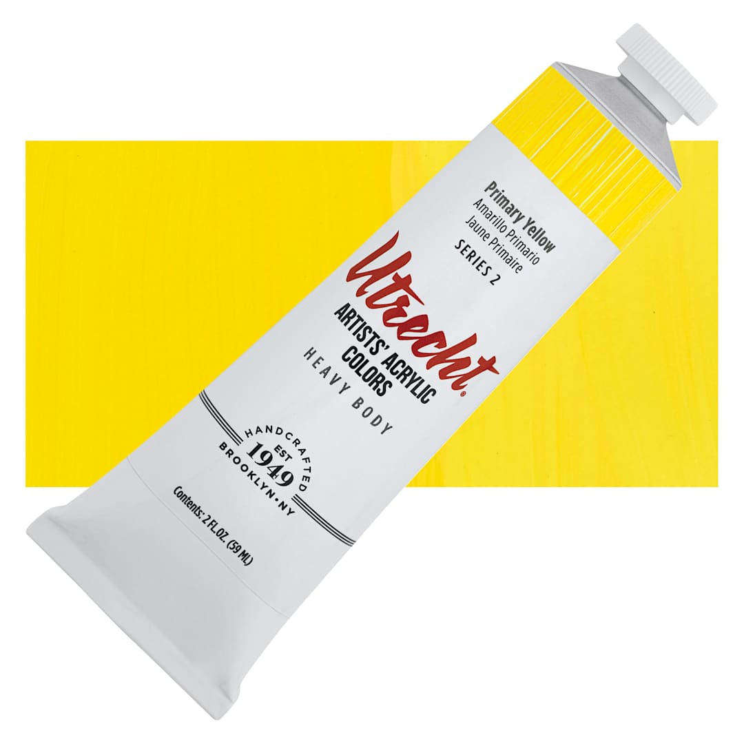 Open in modal - Utrecht Artists' Acrylic Paint - Primary Yellow, 2 oz tube and swatch