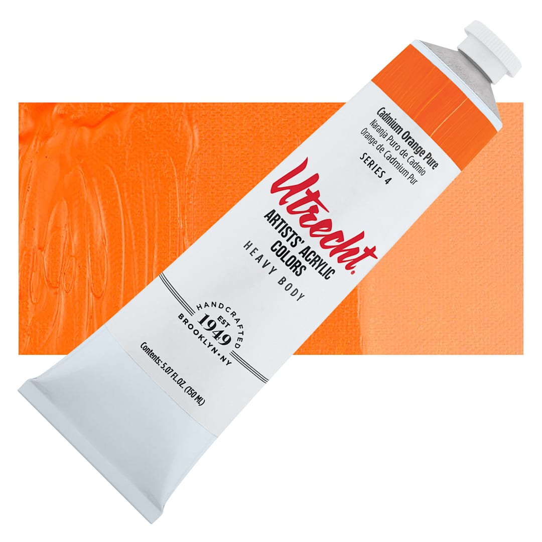 Open in modal - Utrecht Artists' Acrylic Paint - Cadmium Orange Pure, 5 oz tube and swatch