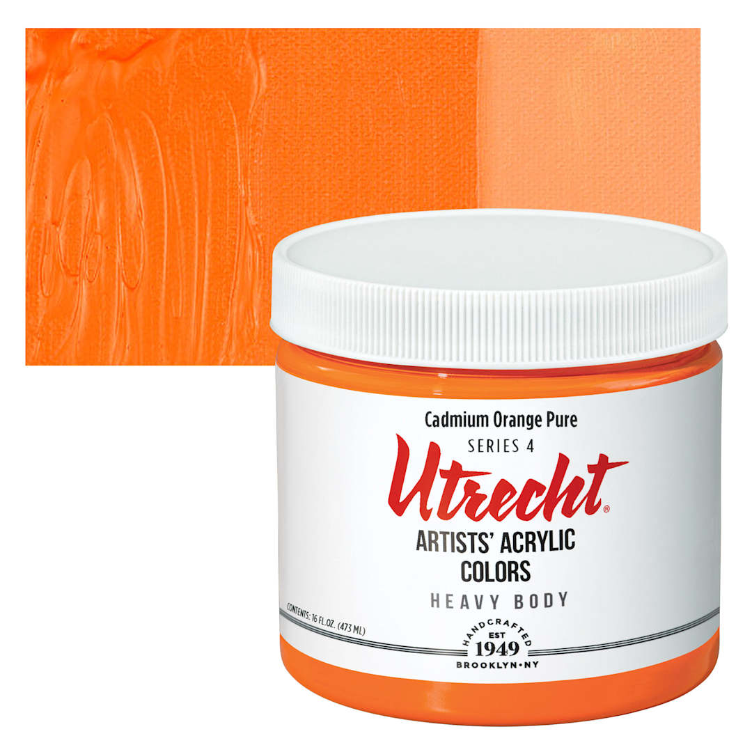 Open in modal - Utrecht Artists' Acrylic Paint - Cadmium Orange Pure, Pint and swatch