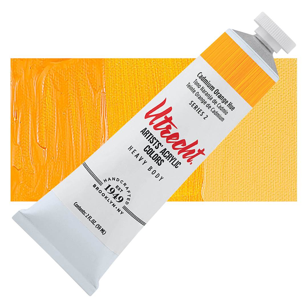 Open in modal - Utrecht Artists' Acrylic Paint - Cadmium Orange Hue, 2 oz tube and swatch