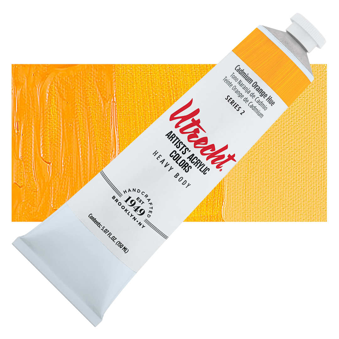 Open in modal - Utrecht Artists' Acrylic Paint - Cadmium Orange Hue, 5 oz tube and swatch