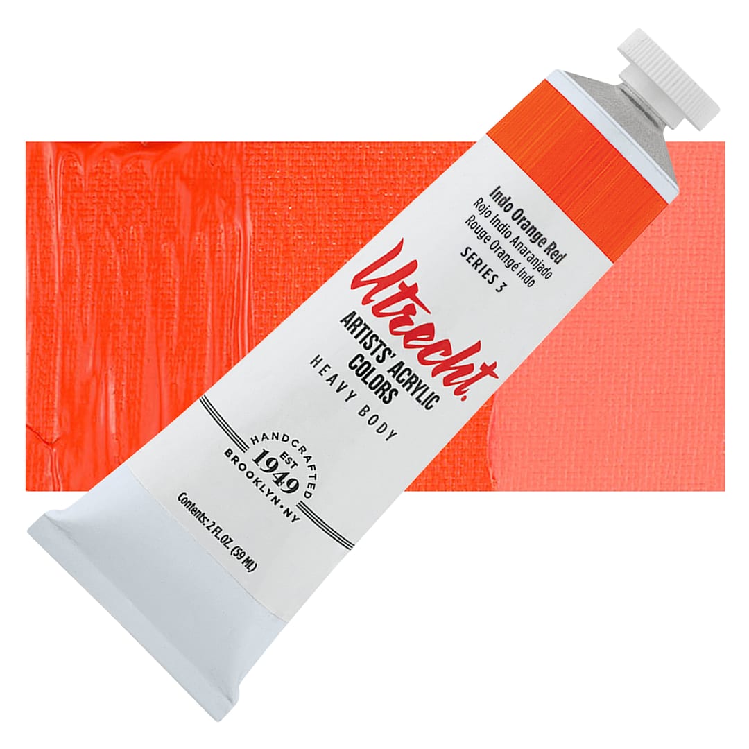 Open in modal - Utrecht Artists' Acrylic Paint - Indo Orange Red, 2 oz tube and swatch