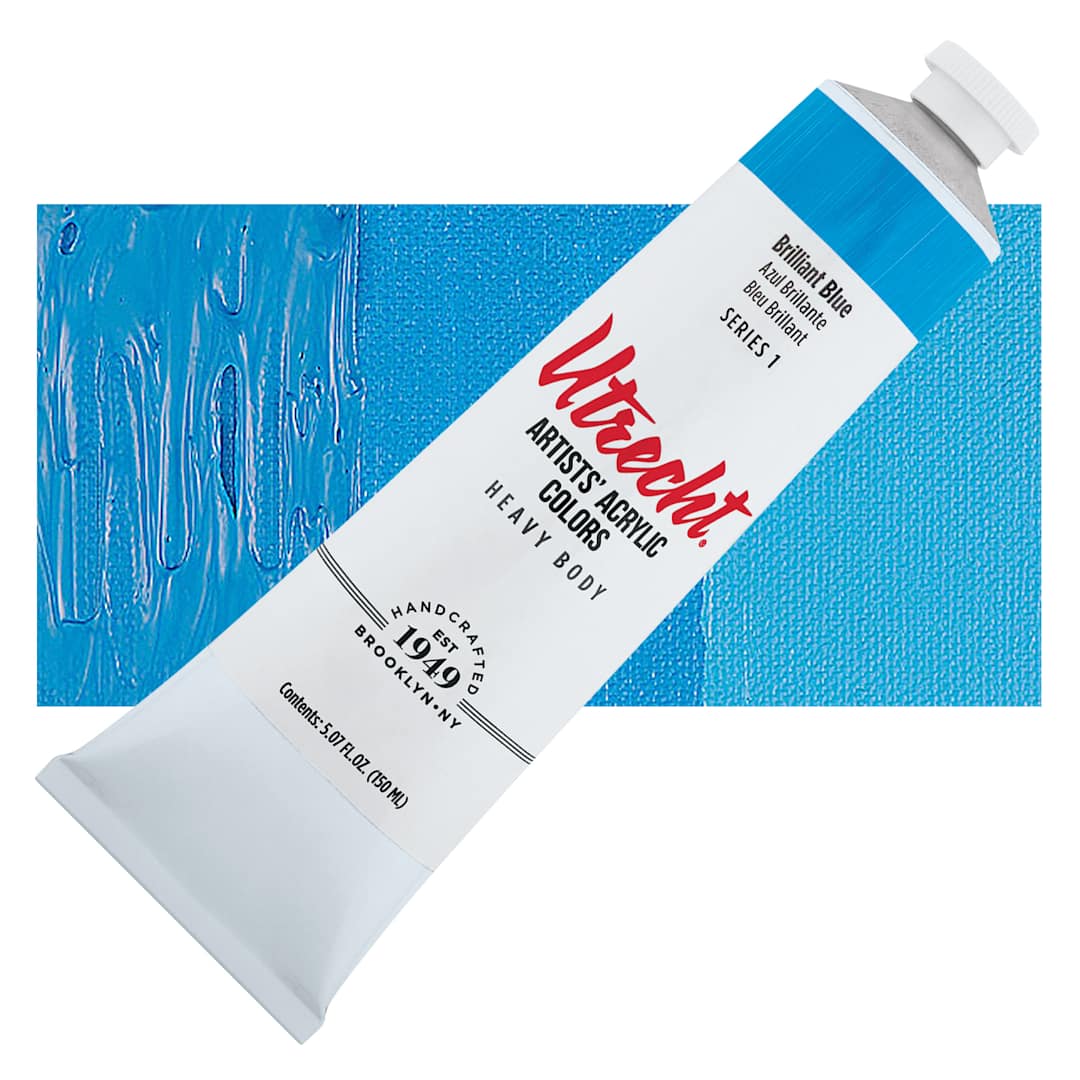 Open in modal - Utrecht Artists' Acrylic Paint - Brilliant Blue, 5 oz tube and swatch