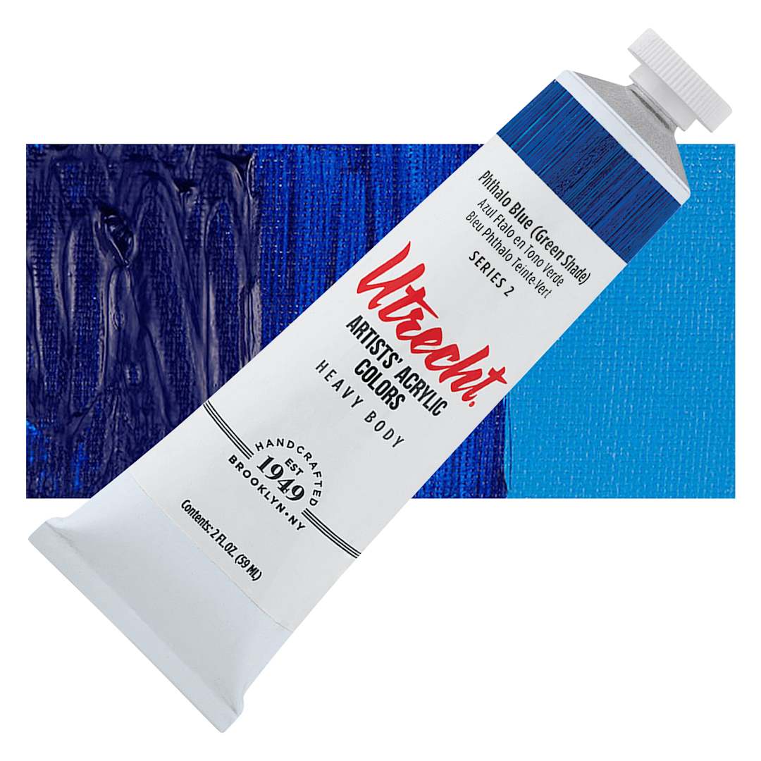 Open in modal - Utrecht Artists' Acrylic Paint - Phthalo Blue (Green Shade), 2 oz tube and swatch