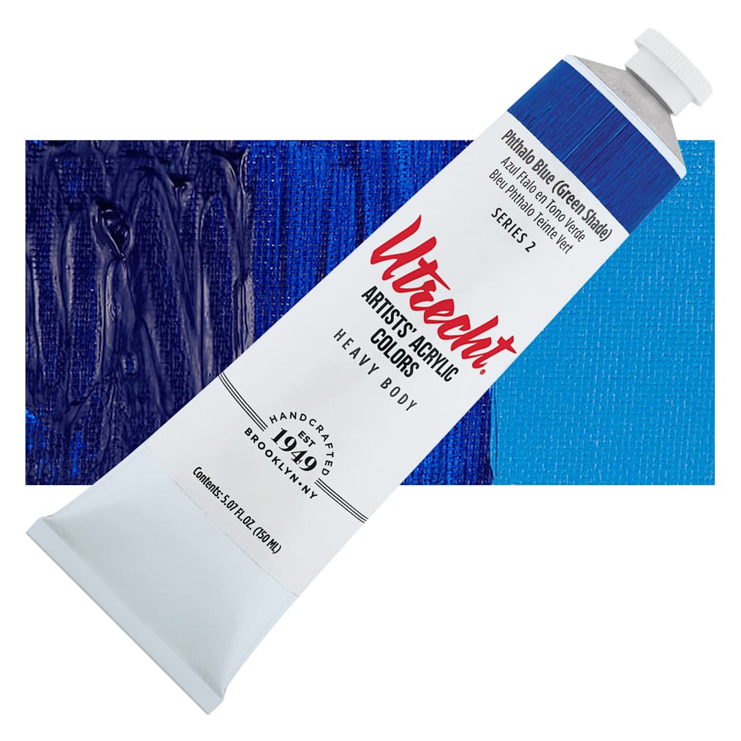 Open in modal - Utrecht Artists' Acrylic Paint - Phthalo Blue (Green Shade), 5 oz tube and swatch