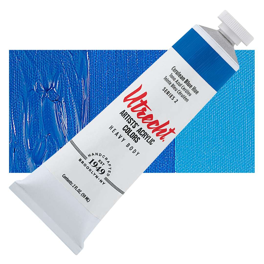 Open in modal - Utrecht Artists' Acrylic Paint - Cerulean Blue Hue, 2 oz tube and swatch
