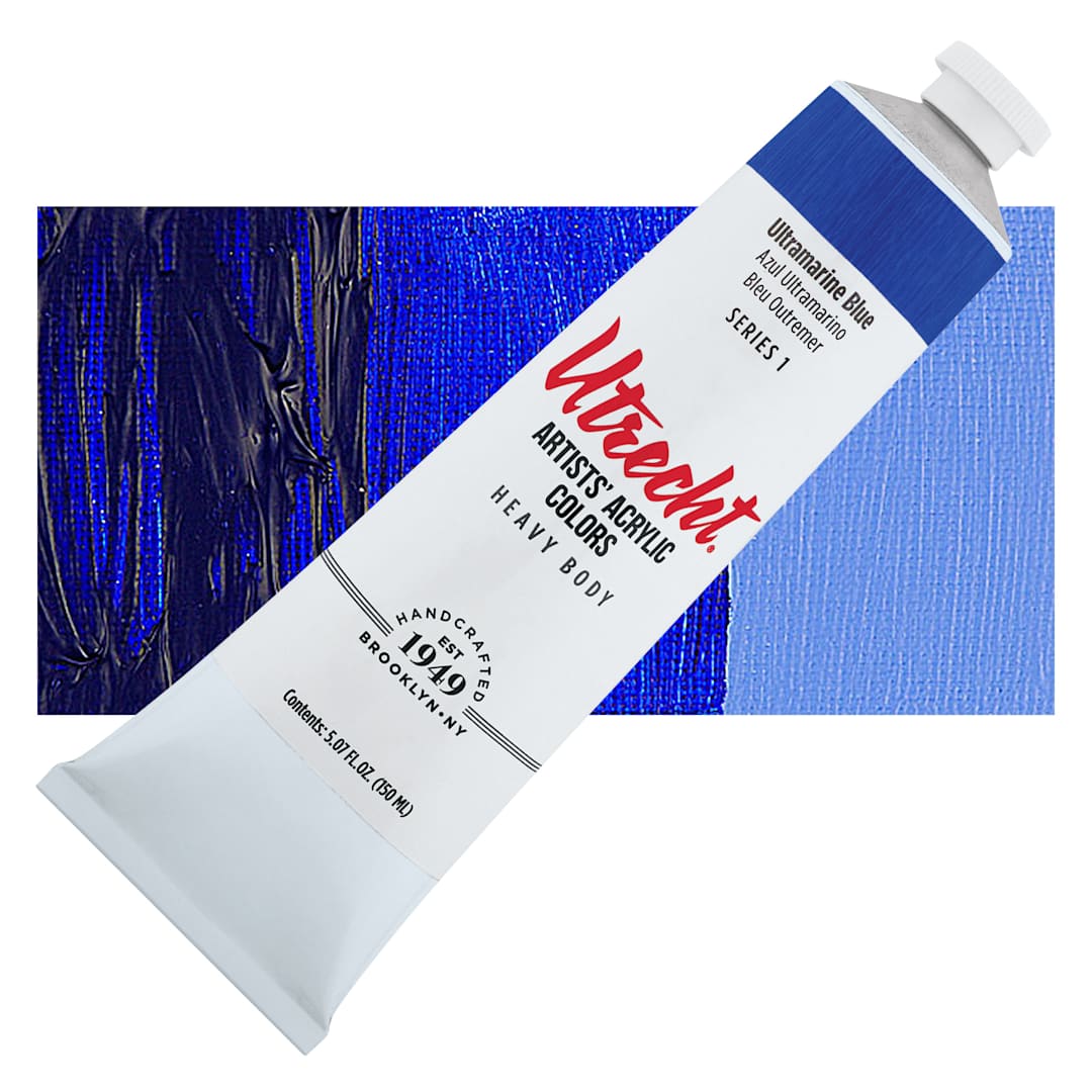 Open in modal - Utrecht Artists' Acrylic Paint - Ultramarine Blue, 5 oz tube and swatch