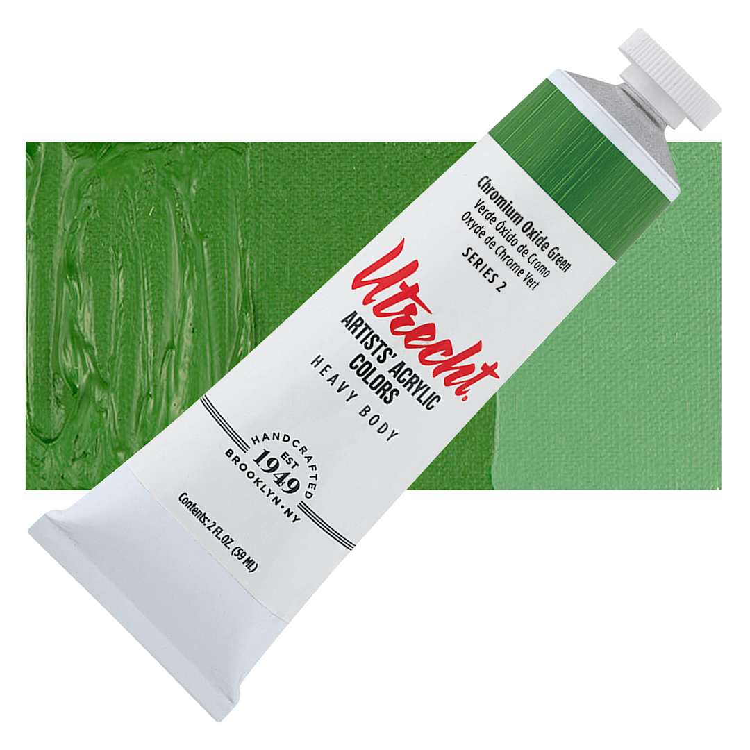 Open in modal - Utrecht Artists' Acrylic Paint - Chromium Oxide Green, 2 oz tube and swatch