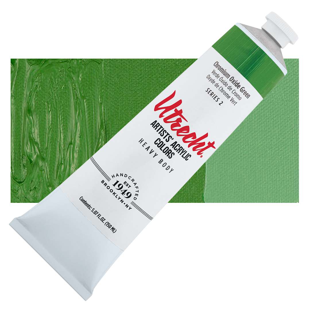 Open in modal - Utrecht Artists' Acrylic Paint - Chromium Oxide Green, 5 oz tube and swatch