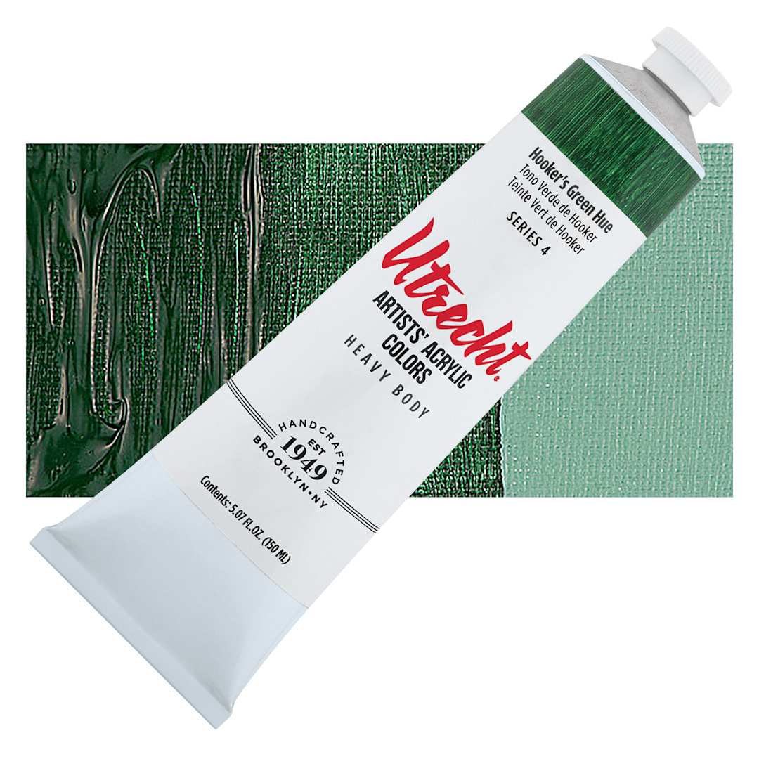 Open in modal - Utrecht Artists' Acrylic Paint - Hooker's Green, 5 oz tube and swatch