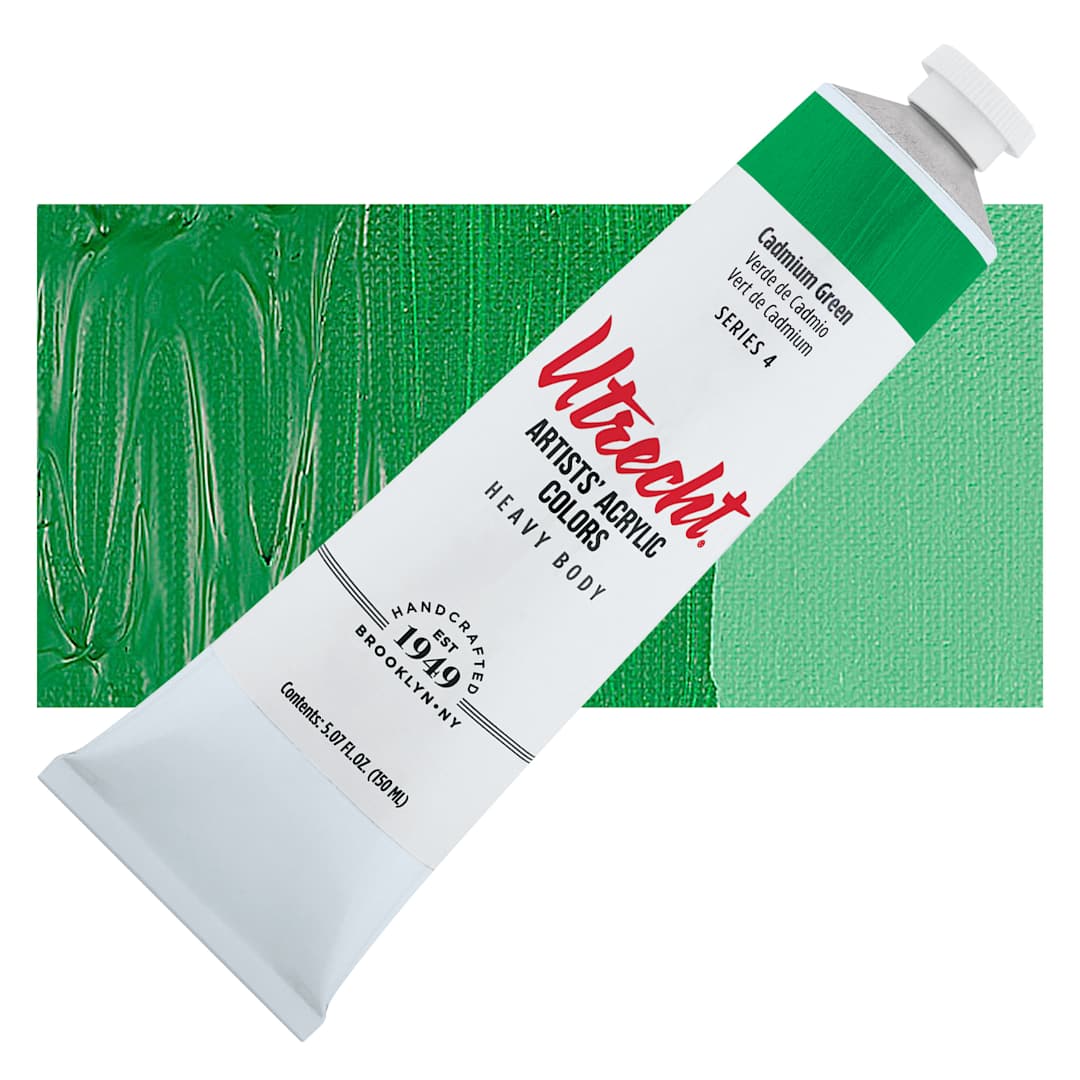 Open in modal - Utrecht Artists' Acrylic Paint - Cadmium Green, 5 oz tube and swatch