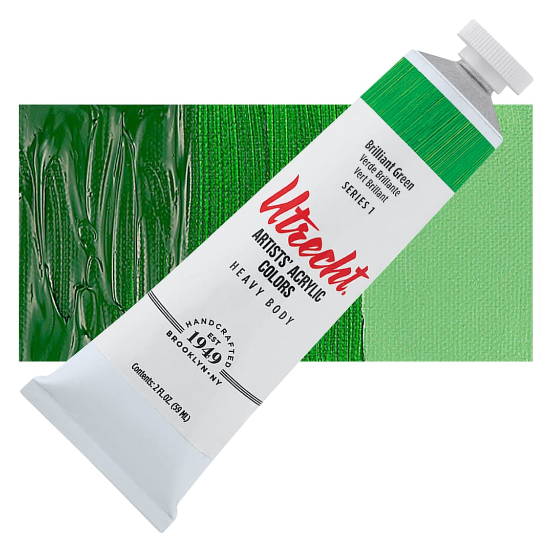 Open in modal - Utrecht Artists' Acrylic Paint - Brilliant Green, 2 oz tube and swatch