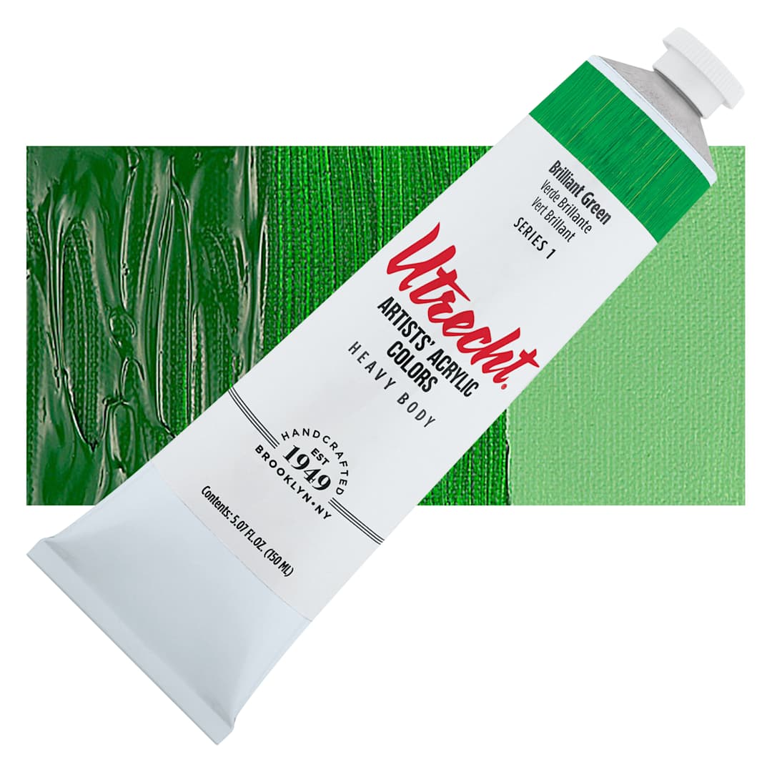 Open in modal - Utrecht Artists' Acrylic Paint - Brilliant Green, 5 oz tube and swatch