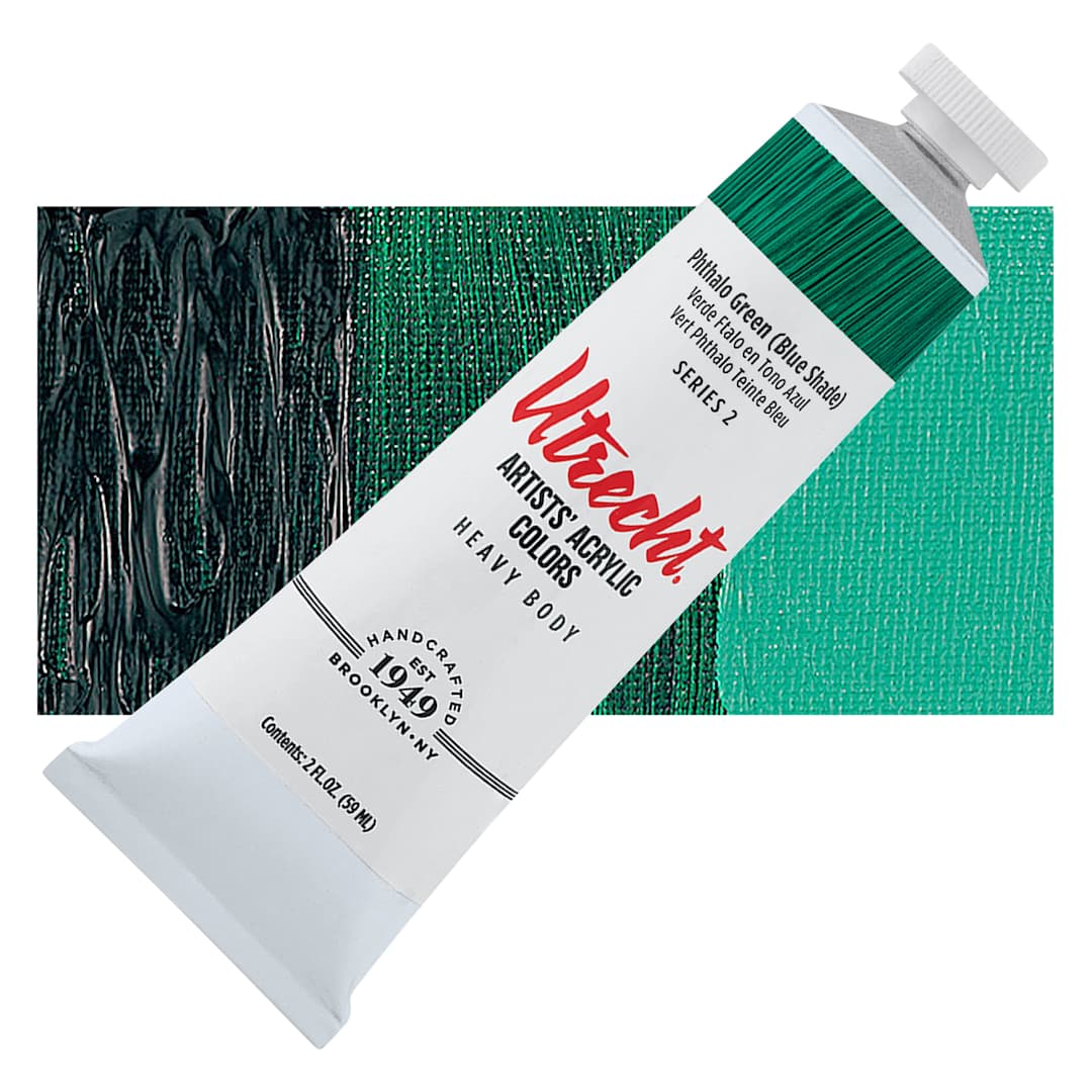 Open in modal - Utrecht Artists' Acrylic Paint - Phthalo Green (Blue Shade), 2 oz tube and swatch