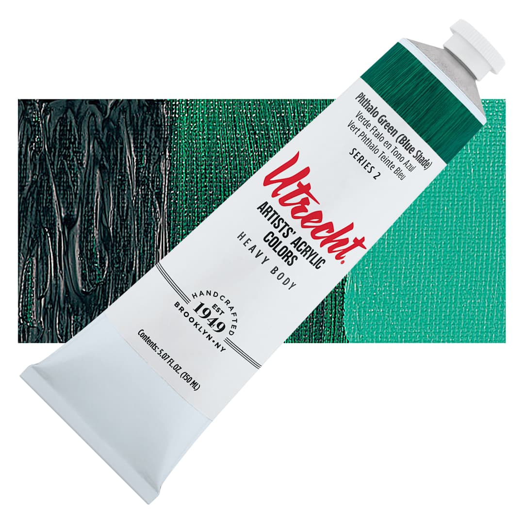Open in modal - Utrecht Artists' Acrylic Paint - Phthalo Green (Blue Shade), 5 oz tube and swatch