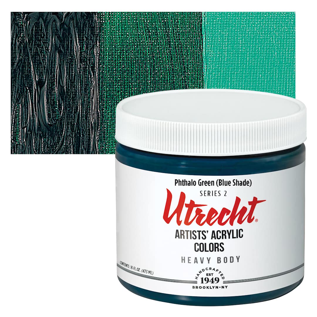 Open in modal - Utrecht Artists' Acrylic Paint - Phthalo Green (Blue Shade), Pint and swatch