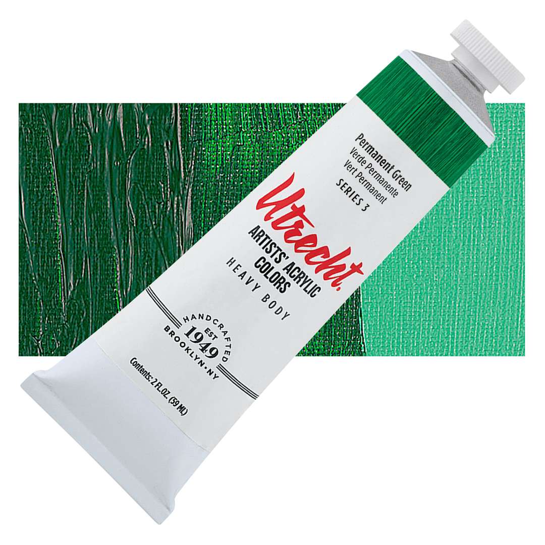 Open in modal - Utrecht Artists' Acrylic Paint - Permanent Green, 2 oz tube and swatch