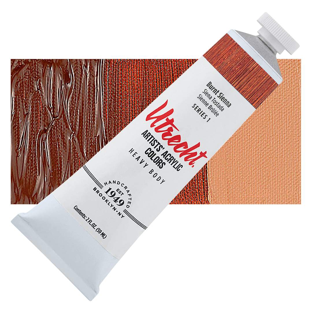 Open in modal - Utrecht Artists' Acrylic Paint - Burnt Sienna, 2 oz tube and swatch