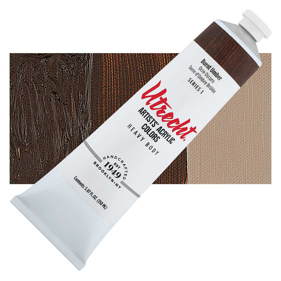 Open in modal - Utrecht Artists' Acrylic Paint - Burnt Umber, 5 oz tube and swatch