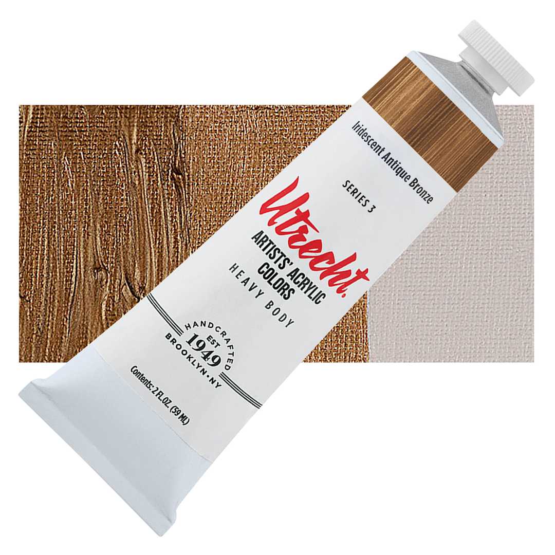 Open in modal - Utrecht Artists' Acrylic Paint - Iridescent Antique Bronze, 2 oz tube and swatch