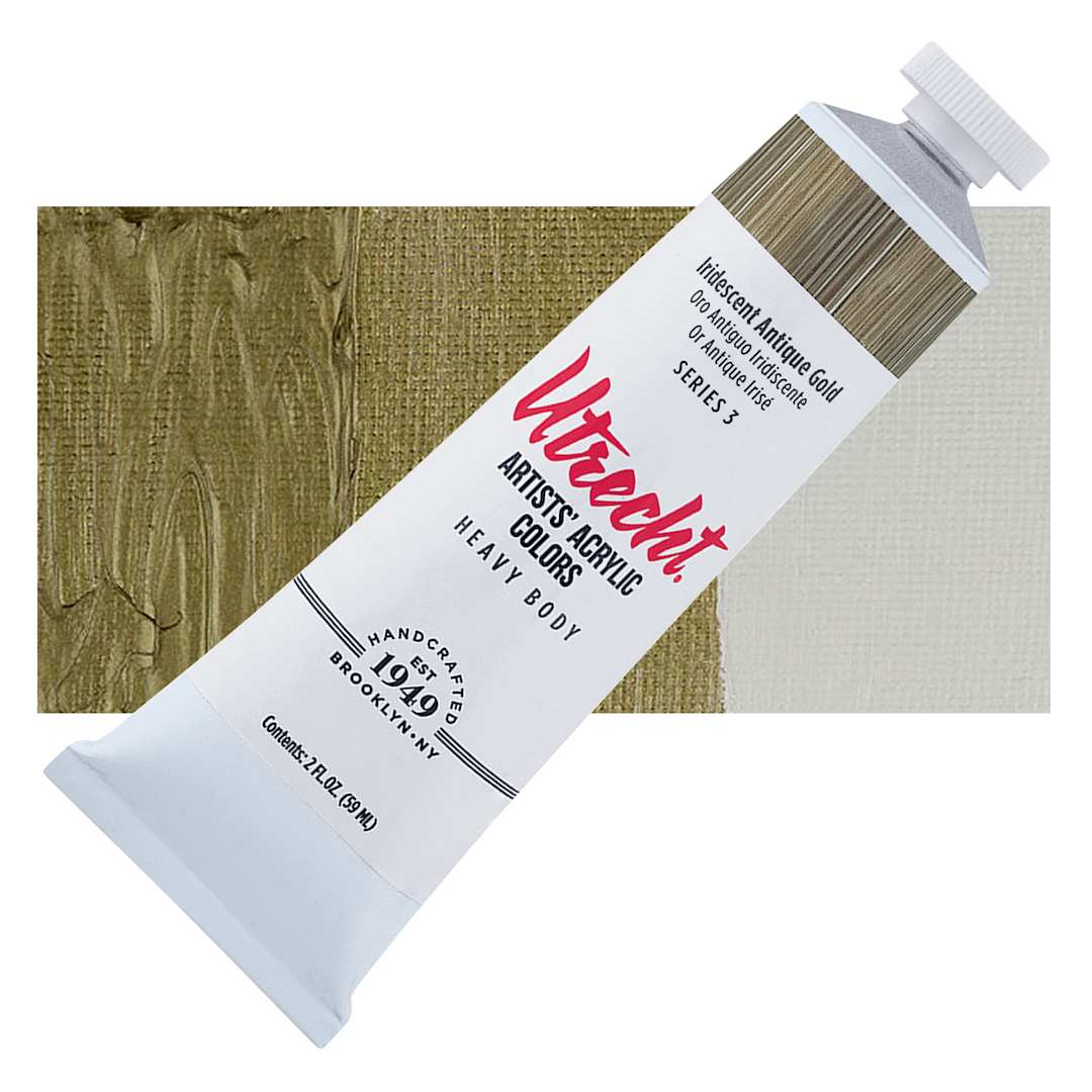 Open in modal - Utrecht Artists' Acrylic Paint - Iridescent Antique Gold, 2 oz tube and swatch
