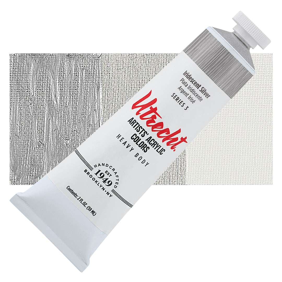 Open in modal - Utrecht Artists' Acrylic Paint - Iridescent Silver, 2 oz tube and swatch