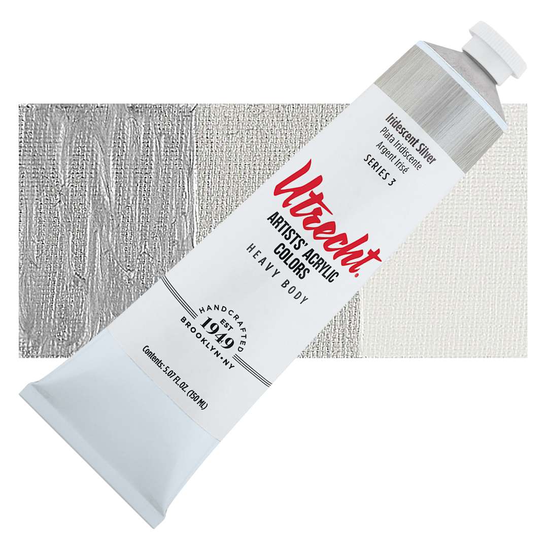Open in modal - Utrecht Artists' Acrylic Paint - Iridescent Silver, 5 oz tube and swatch