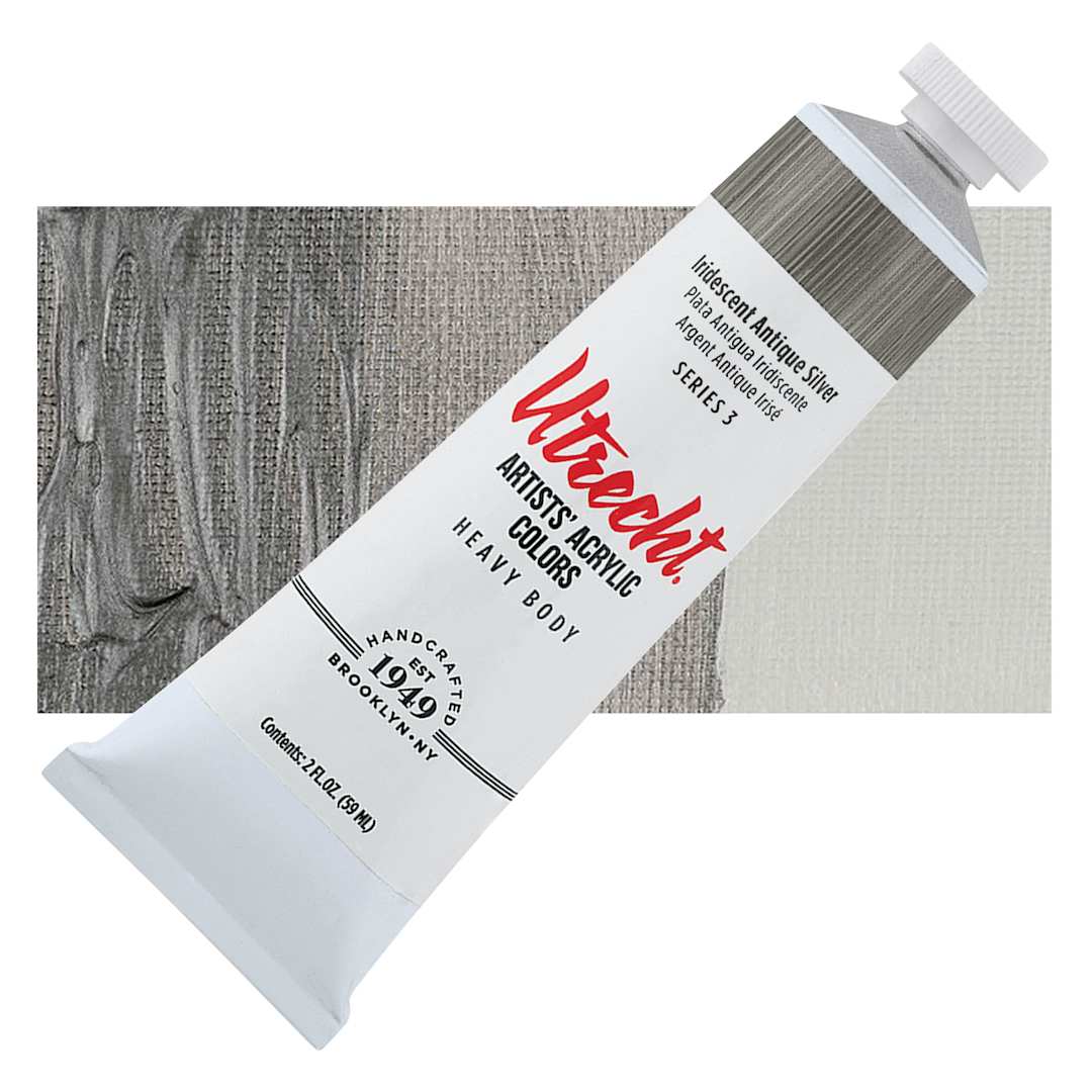 Open in modal - Utrecht Artists' Acrylic Paint - Iridescent Antique Silver, 2 oz tube and swatch