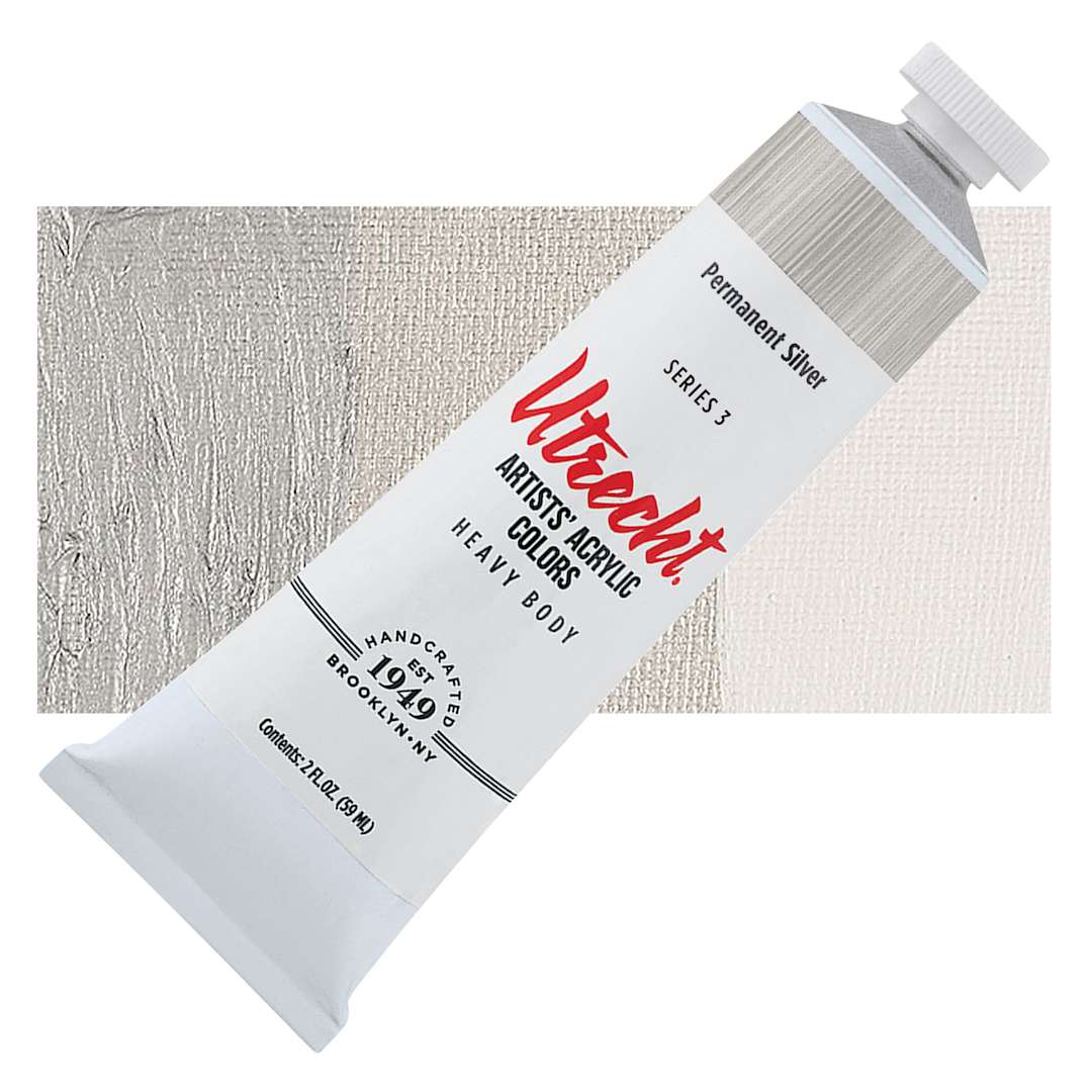 Open in modal - Utrecht Artists' Acrylic Paint - Permanent Silver, 2 oz tube and swatch