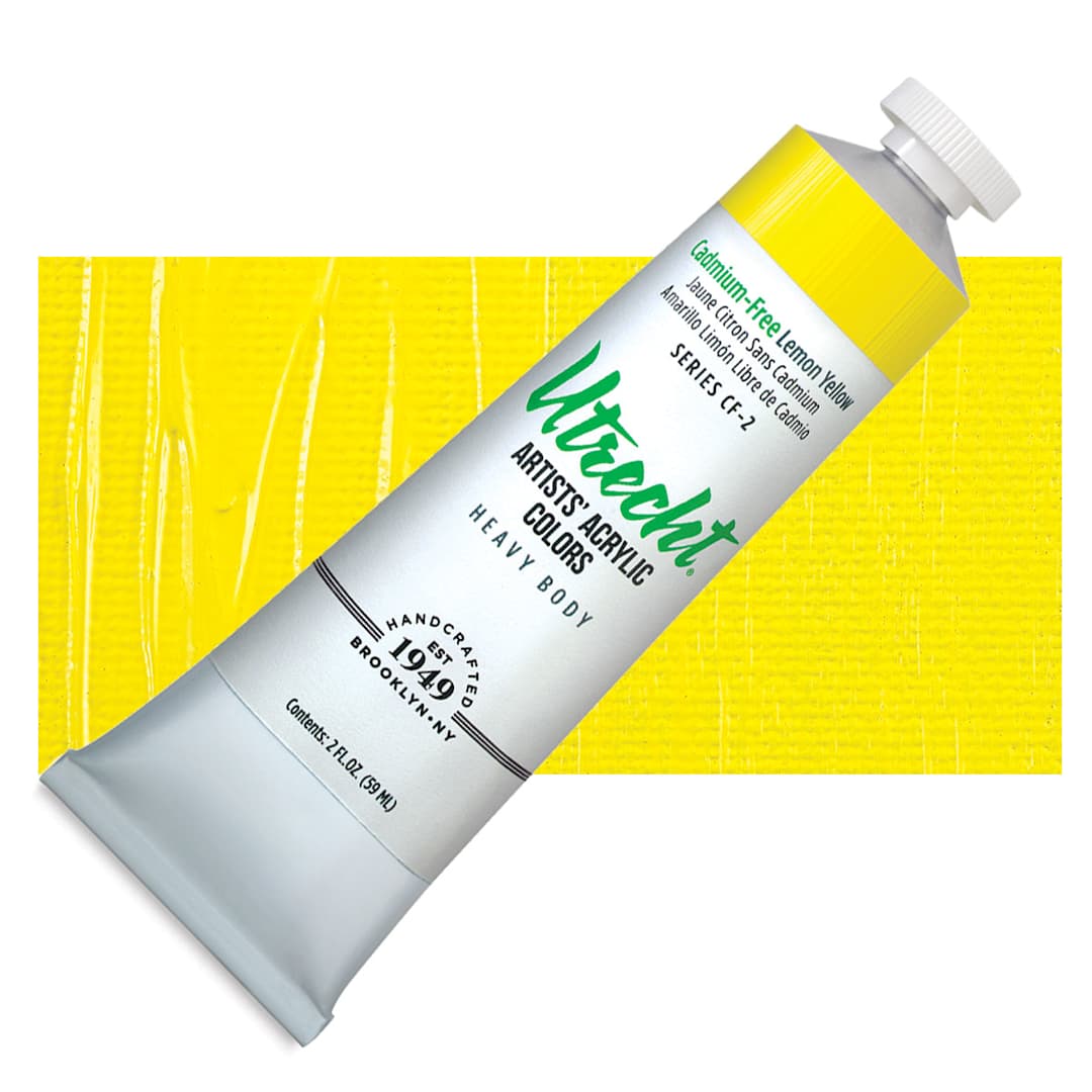 Open in modal - Utrecht Artists' Acrylic Paint - Cadmium-Free Lemon Yellow 2 oz tube and swatch