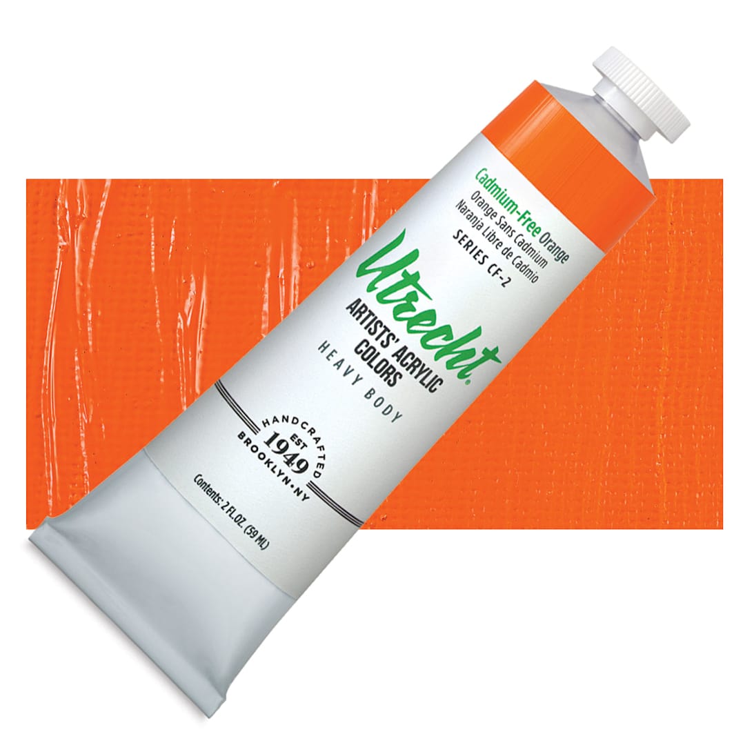 Open in modal - Utrecht Artists' Acrylic Paint - Cadmium-Free Orange 2 oz tube and swatch