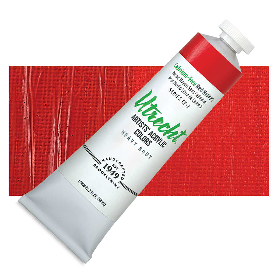 Open in modal - Utrecht Artists' Acrylic Paint - Cadmium-Free Red Medium 2 oz tube and swatch