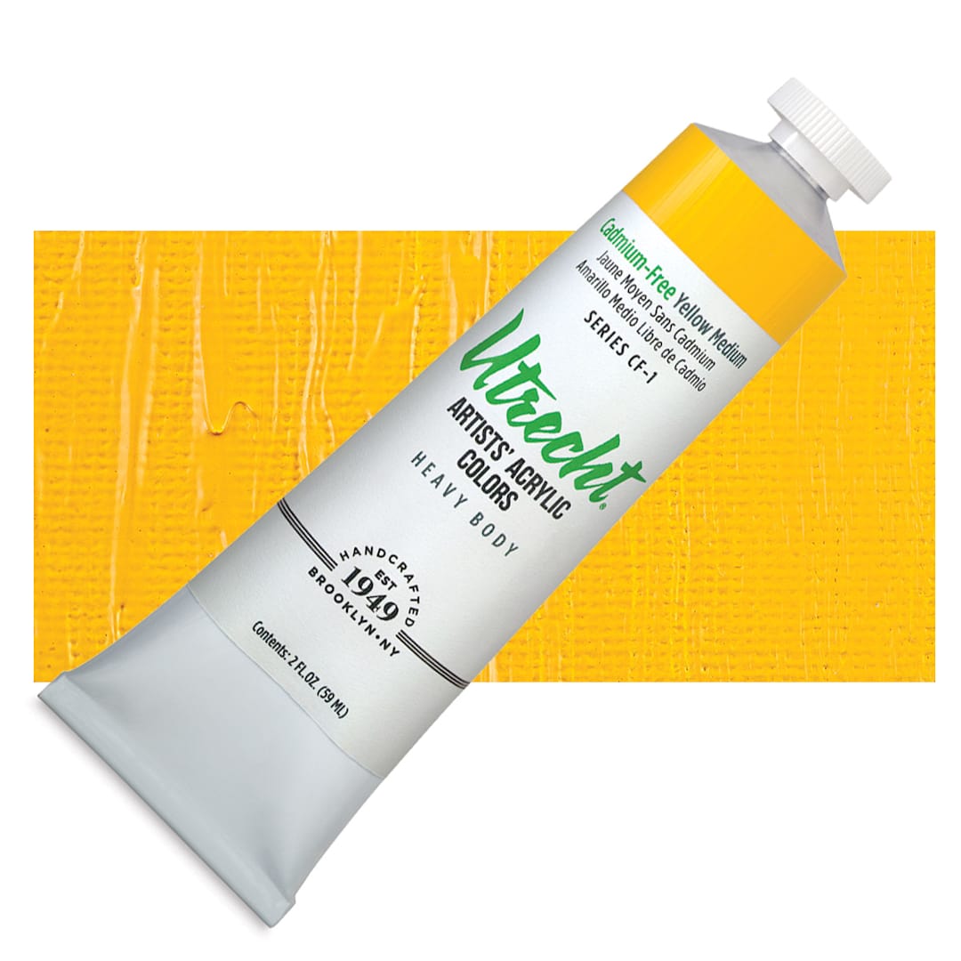 Open in modal - Utrecht Artists' Acrylic Paint - Cadmium Free Yellow Medium, 2 oz tube and swatch