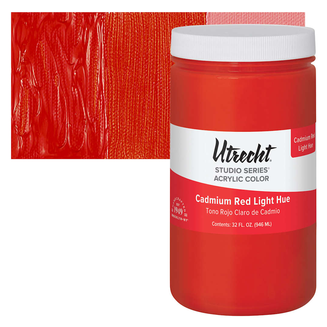 Open in modal - Utrecht Studio Series Acrylic Paint - Cadmium Red Light Hue, Quart and swatch
