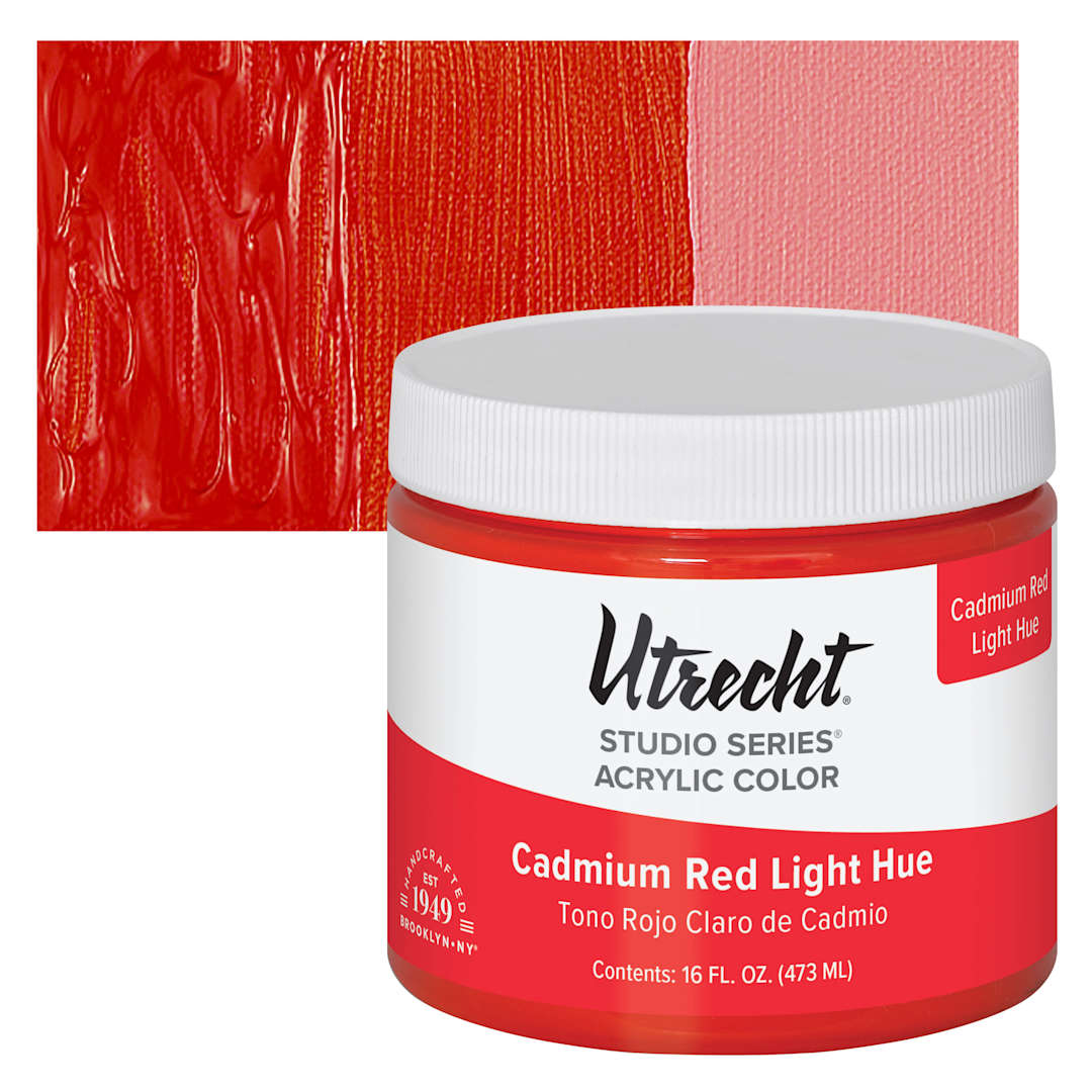 Open in modal - Utrecht Studio Series Acrylic Paint - Cadmium Red Light Hue, Pint and swatch
