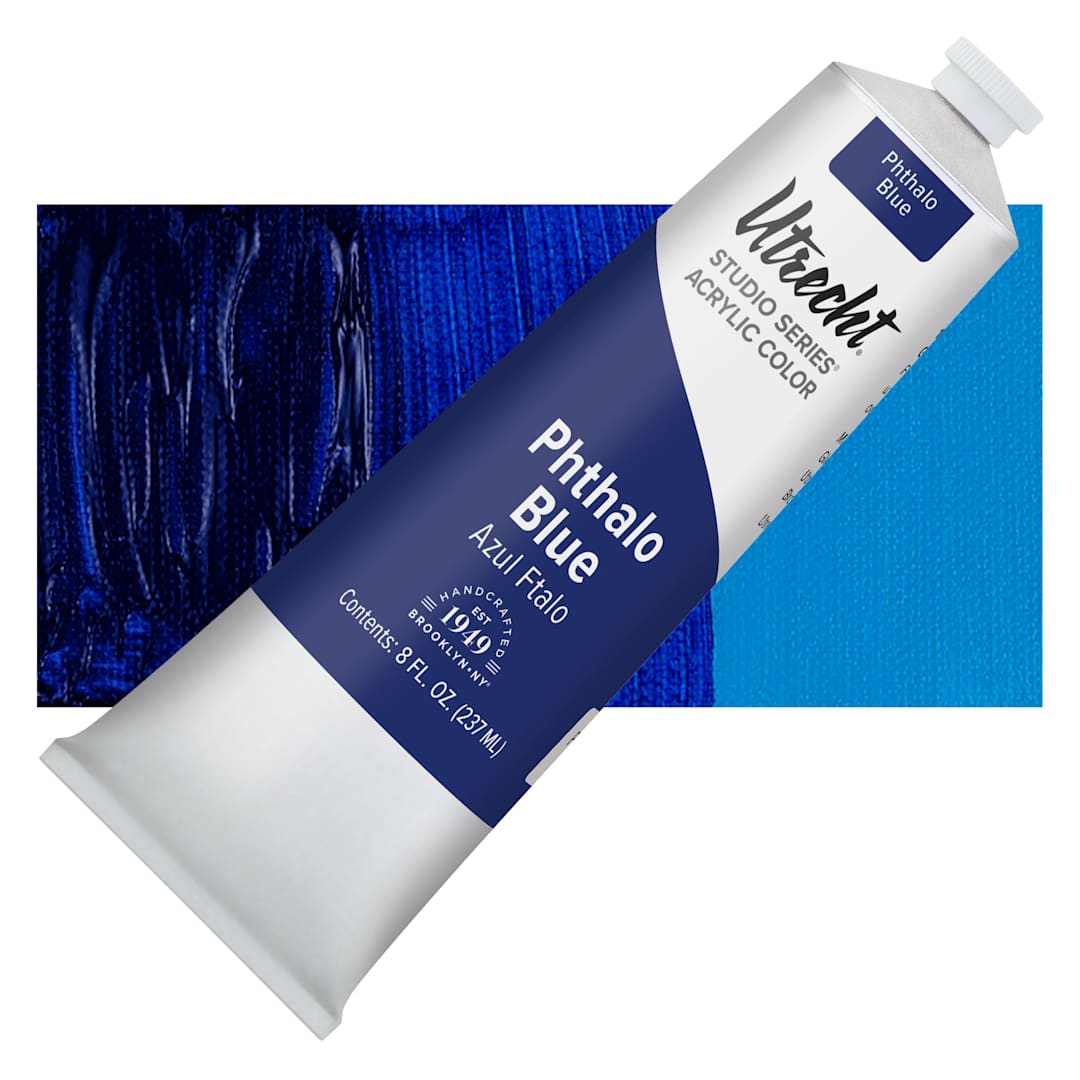 Open in modal - Utrecht Studio Series Acrylic Paint - Phthalo Blue, 237 ml tube and swatch