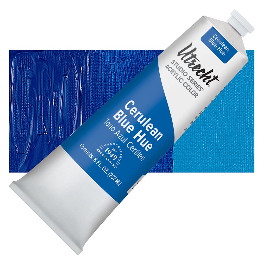 Open in modal - Utrecht Studio Series Acrylic Paint - Cerulean Blue Hue, 237 ml tube and swatch