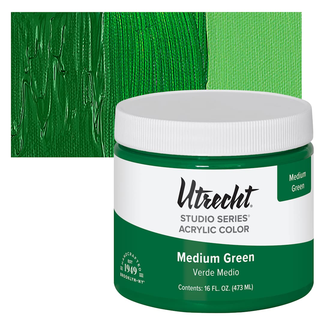 Open in modal - Utrecht Studio Series Acrylic Paint - Medium Green, Pint and swatch