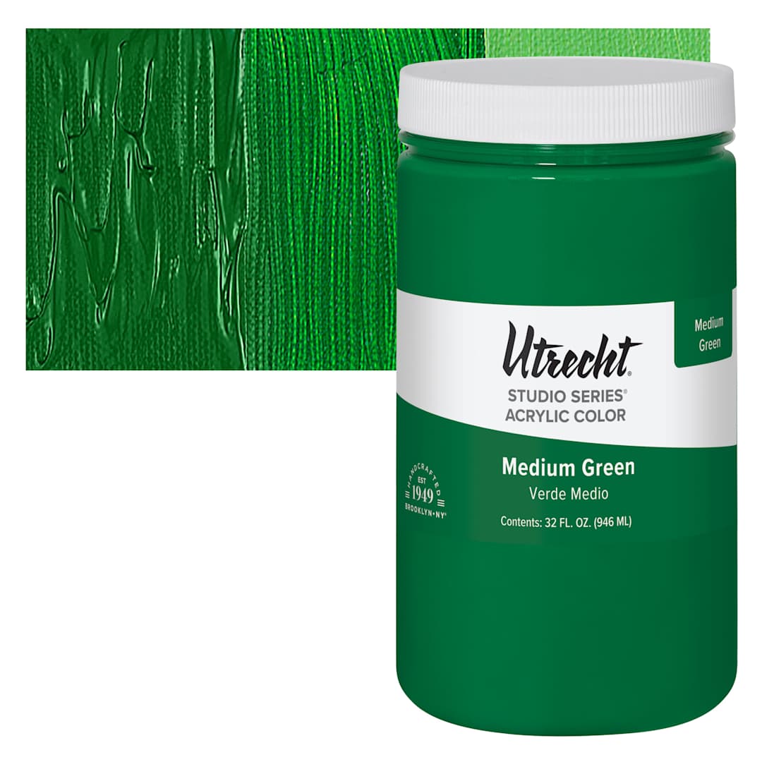 Open in modal - Utrecht Studio Series Acrylic Paint - Medium Green, Quart and swatch